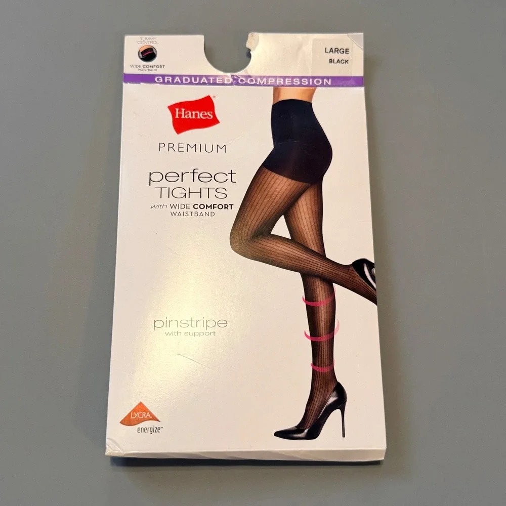 NWT Hanes Premium Perfect Tights L Black Pinstripe‎ Graduated Compression NIP